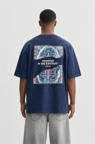 Erkek Itsbyzey Nakış Detaylı Oversize T-Shirt Lacivert