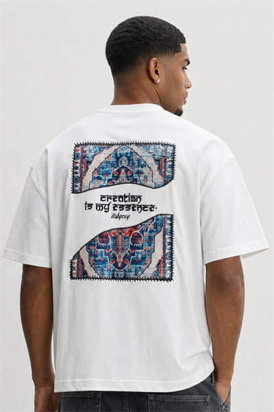 Erkek Itsbyzey Nakış Detaylı Oversize T-Shirt Ekru
