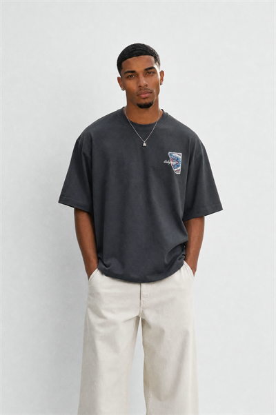 Erkek Itsbyzey Nakış Detaylı Oversize T-Shirt Füme