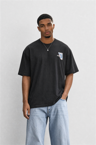 Erkek Itsbyzey Nakış Detaylı Oversize T-Shirt Siyah