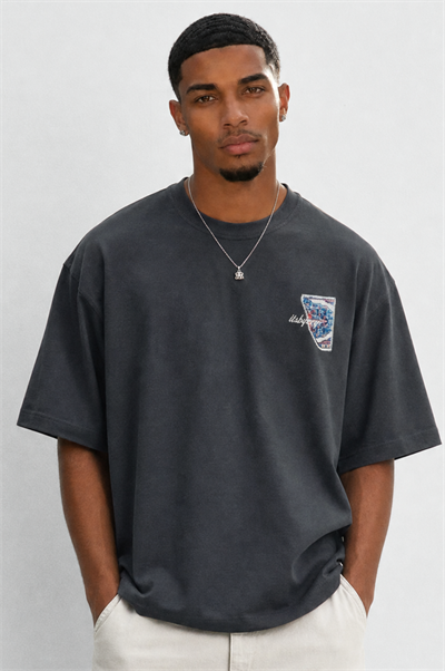 Erkek Itsbyzey Nakış Detaylı Oversize T-Shirt Füme