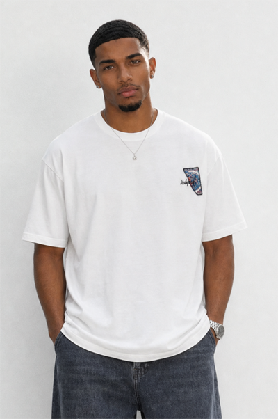 Erkek Itsbyzey Nakış Detaylı Oversize T-Shirt Ekru
