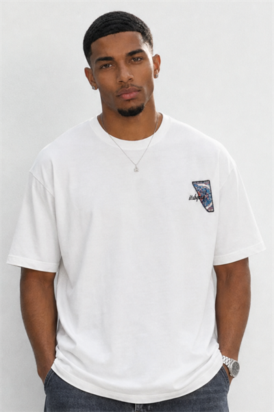 Erkek Itsbyzey Nakış Detaylı Oversize T-Shirt Ekru