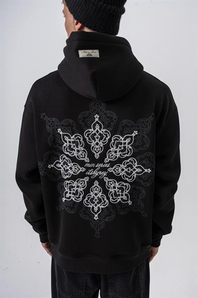 Erkek Itsbyzey Nakışlı Kapüşonlu Oversize Hoodie Siyah