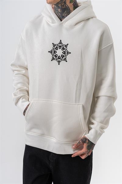 Erkek Itsbyzey Nakışlı Kapüşonlu Oversize Hoodie Ekru