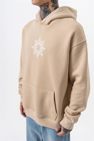 Erkek Itsbyzey Nakışlı Kapüşonlu Oversize Hoodie Bej