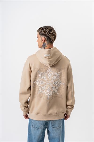 Erkek Itsbyzey Nakışlı Kapüşonlu Oversize Hoodie Bej
