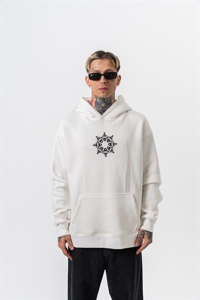 Erkek Itsbyzey Nakışlı Kapüşonlu Oversize Hoodie Ekru