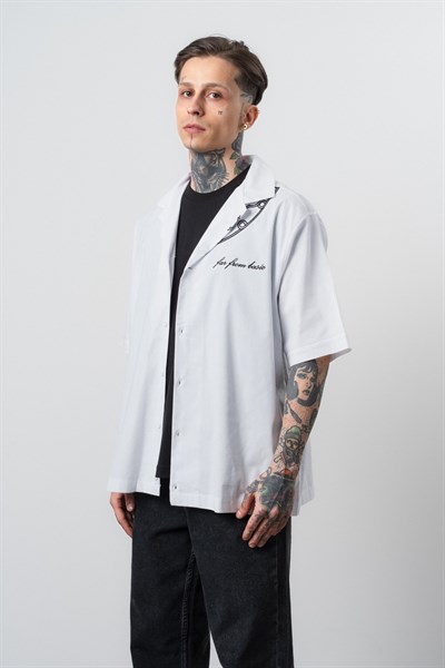 Erkek Itsbyzey Nakışlı Oversize Gömlek Beyaz