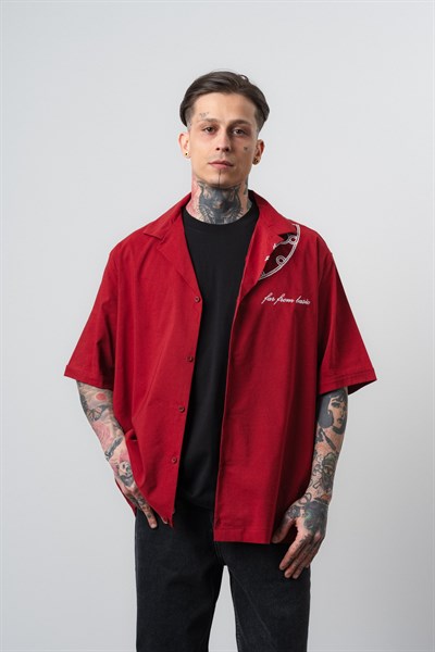 Erkek Itsbyzey Nakışlı Oversize Gömlek Bordo