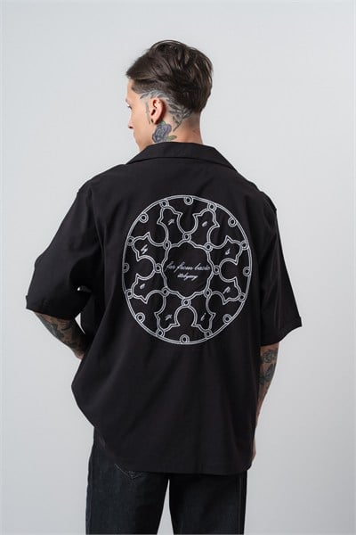 Erkek Itsbyzey Nakışlı Oversize Gömlek Siyah