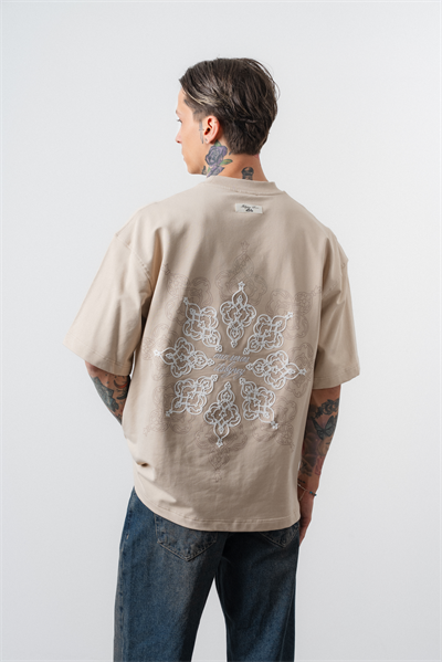 Erkek Itsbyzey Nakışlı Oversize T-Shirt Bej