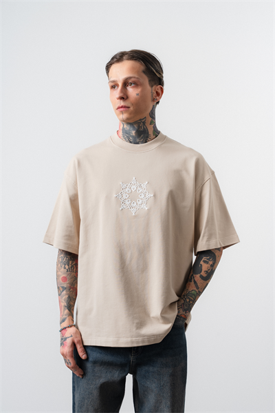 Erkek Itsbyzey Nakışlı Oversize T-Shirt Bej
