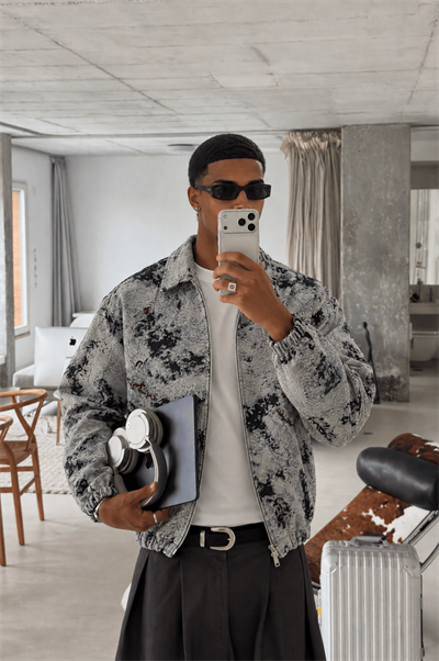 Erkek Jakarlı Oversize Bomber Ceket Gri