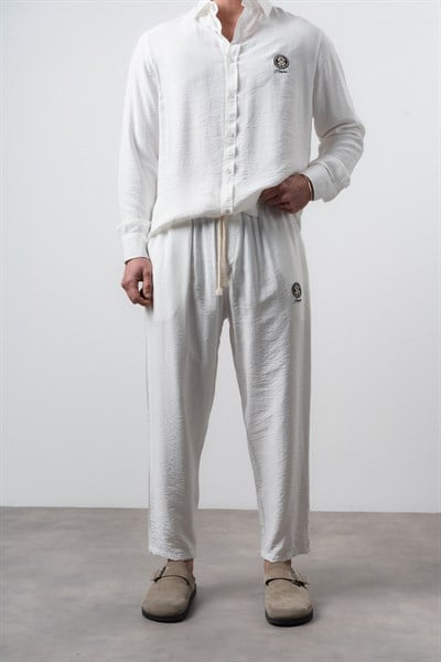 Erkek Keten Baggy Pantolon Ekru