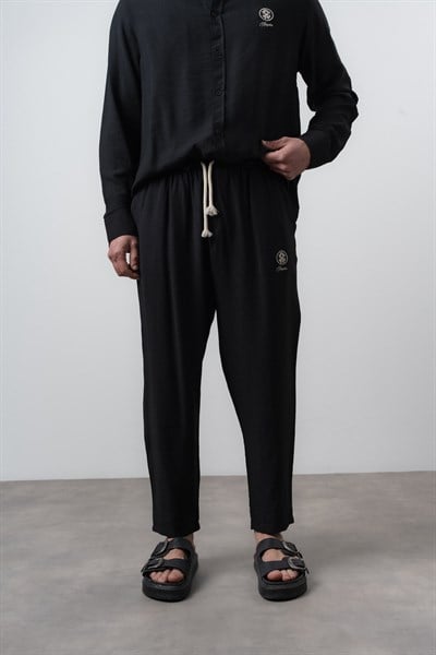 Erkek Keten Baggy Pantolon Siyah