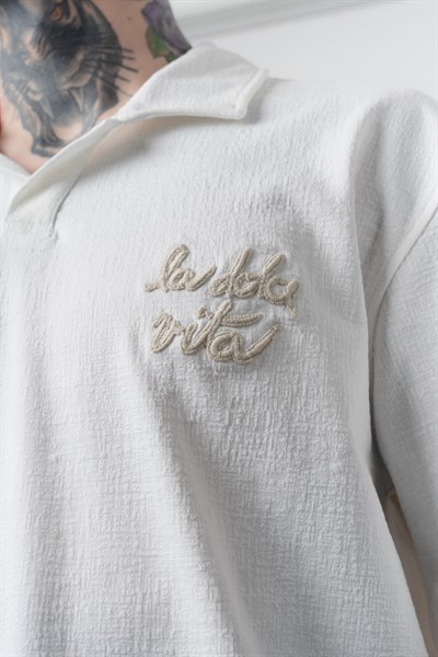 Erkek La Dolce Vita Yazılı Regular Fit T-Shirt Şort Takım Ekru