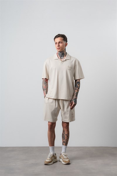 Erkek La Dolce Vita Yazılı Regular Fit T-Shirt Şort Takım Bej