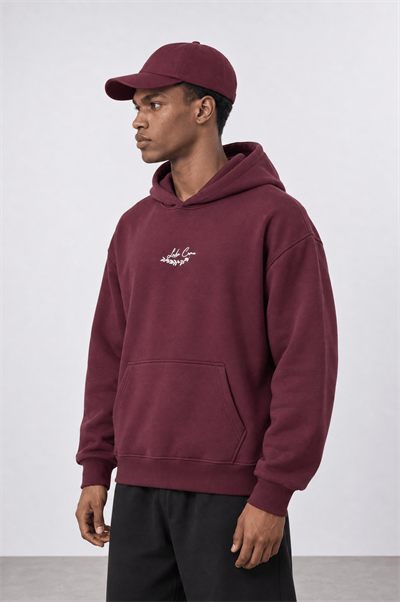Erkek Lake Como Patch Detaylı Oversize Hoodie Bordo