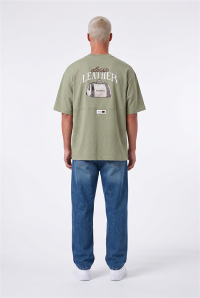Erkek Leather Baskılı Oversize T-Shirt Haki