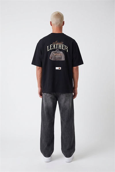 Erkek Leather Baskılı Oversize T-Shirt Siyah