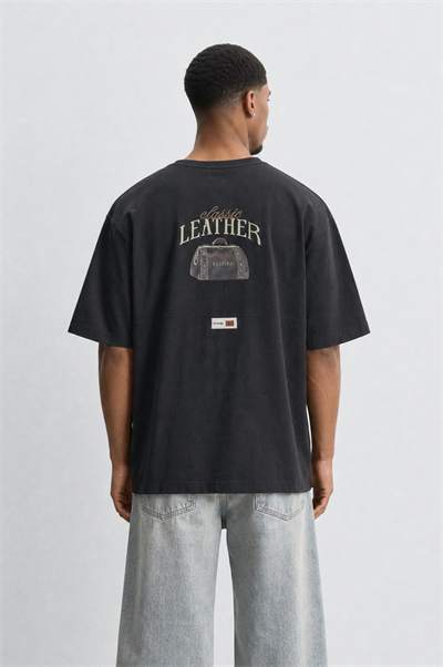 Erkek Leather Baskılı Oversize T-Shirt Siyah