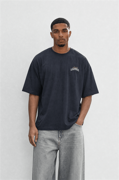 Erkek Leather Baskılı Oversize T-Shirt Siyah