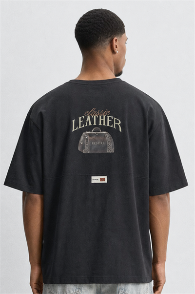 Erkek Leather Baskılı Oversize T-Shirt Siyah