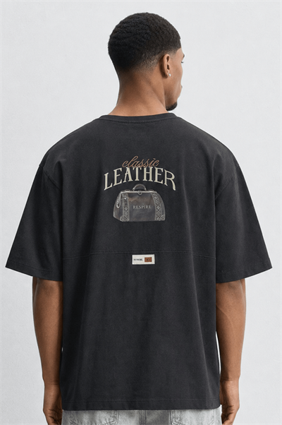 Erkek Leather Baskılı Oversize T-Shirt Siyah