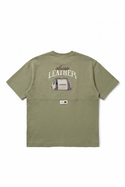 Erkek Leather Baskılı Oversize T-Shirt Haki