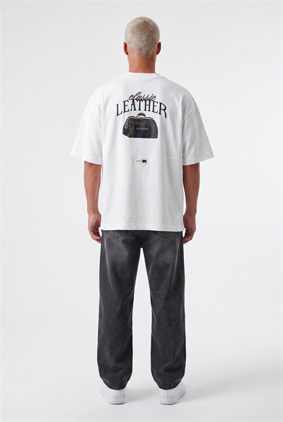 Erkek Leather Baskılı Oversize T-Shirt Ekru