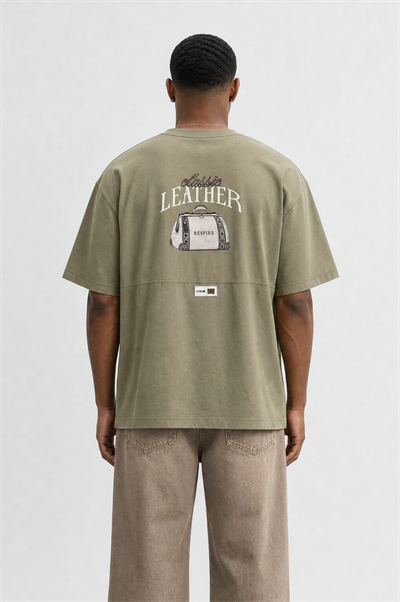 Erkek Leather Baskılı Oversize T-Shirt Haki