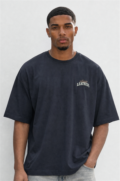 Erkek Leather Baskılı Oversize T-Shirt Siyah