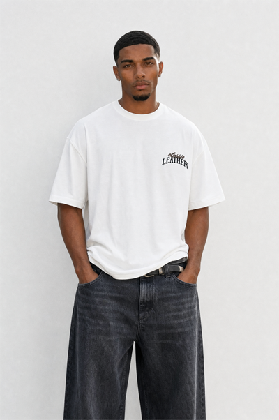 Erkek Leather Baskılı Oversize T-Shirt Ekru