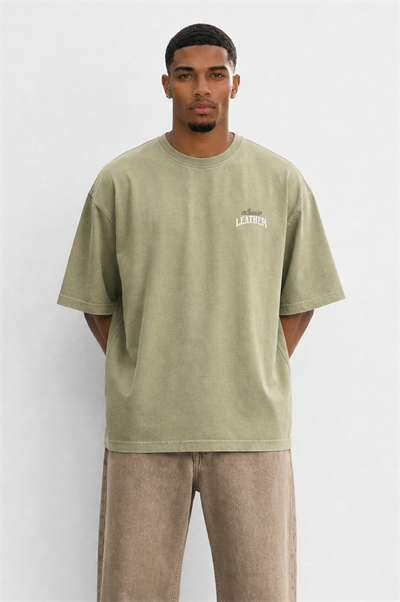 Erkek Leather Baskılı Oversize T-Shirt Haki
