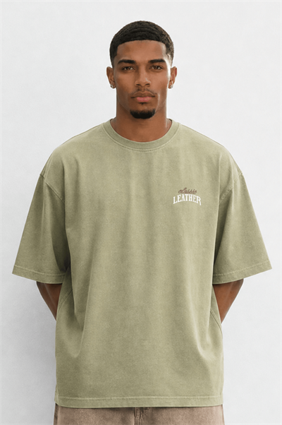 Erkek Leather Baskılı Oversize T-Shirt Haki