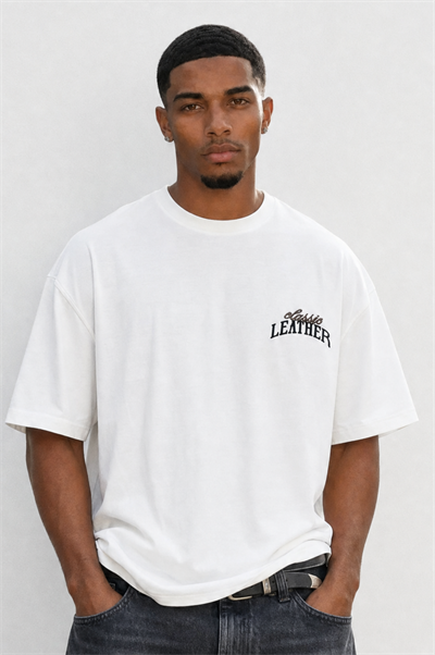 Erkek Leather Baskılı Oversize T-Shirt Ekru