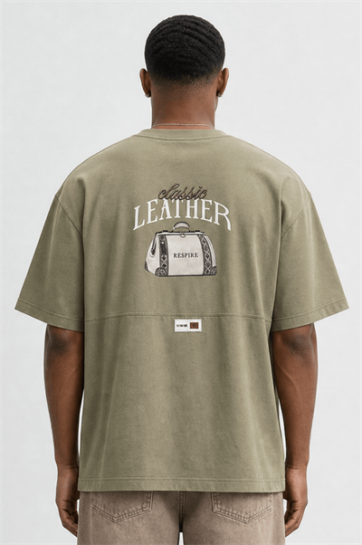 Erkek Leather Baskılı Oversize T-Shirt Haki