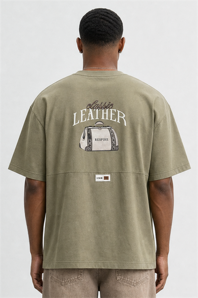 Erkek Leather Baskılı Oversize T-Shirt Haki