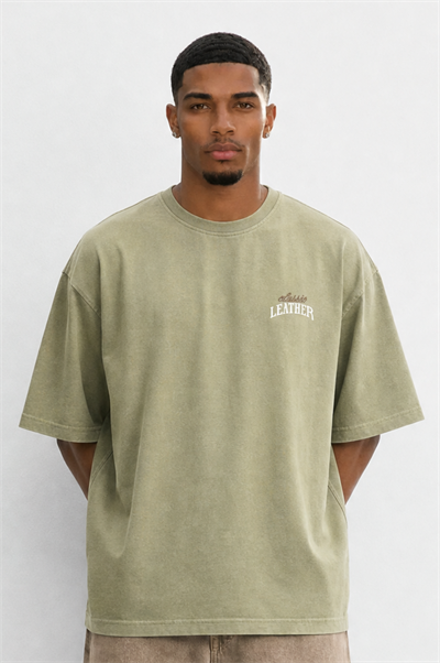 Erkek Leather Baskılı Oversize T-Shirt Haki