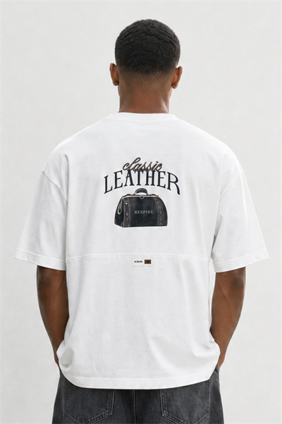 Erkek Leather Baskılı Oversize T-Shirt Ekru