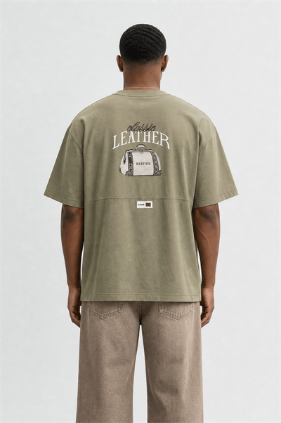 Erkek Leather Baskılı Oversize T-Shirt Haki