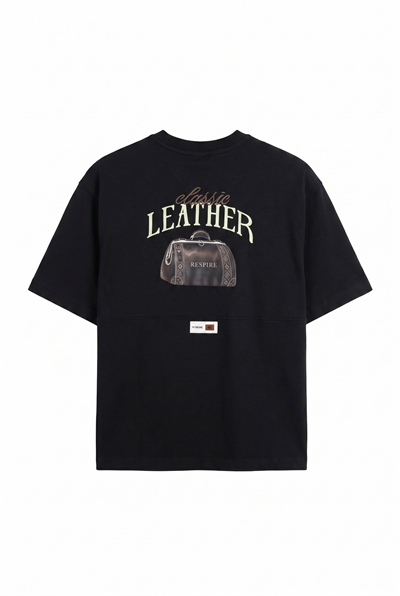 Erkek Leather Baskılı Oversize T-Shirt Siyah