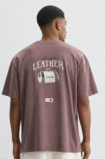 Erkek Leather Baskılı Oversize T-Shirt Kahve
