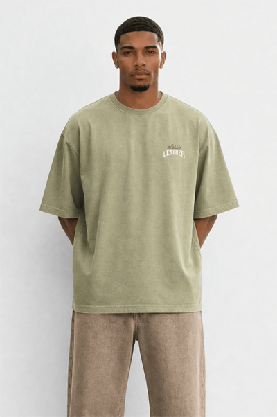 Erkek Leather Baskılı Oversize T-Shirt Haki