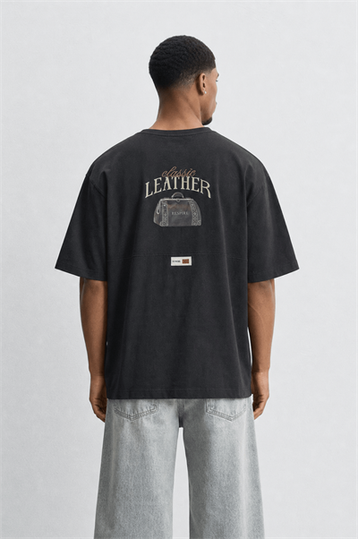 Erkek Leather Baskılı Oversize T-Shirt Siyah