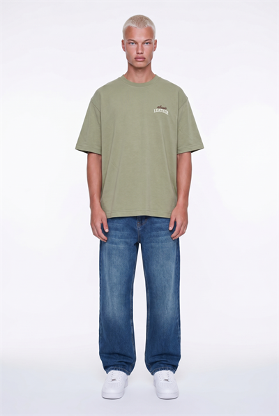 Erkek Leather Baskılı Oversize T-Shirt Haki