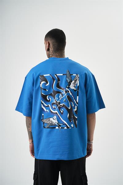 Erkek Lets Get Tight Nakışlı Oversize T-Shirt Mavi