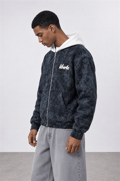 Erkek Liberte Yazı Detaylı Yıkamalı Oversize Zip Siyah