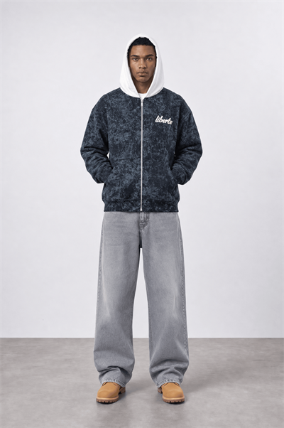 Erkek Liberte Yazı Detaylı Yıkamalı Oversize Zip Siyah